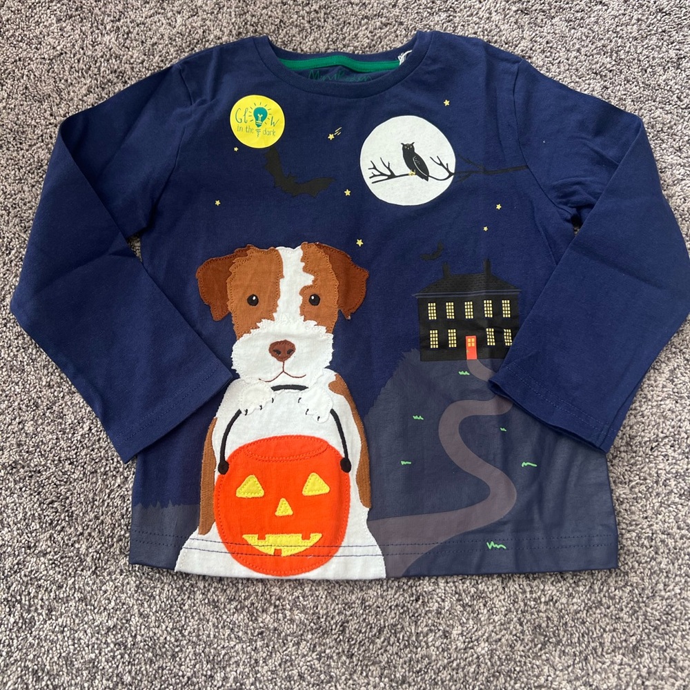 NEW Mini Boden Navy Blue Halloween Dog Long Sleeve Shirt size 3/4